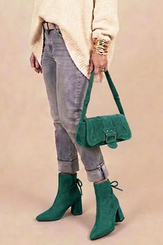 Dress ankle boots back laces in emerald green leather with high flare heels and tapered toe - Top view